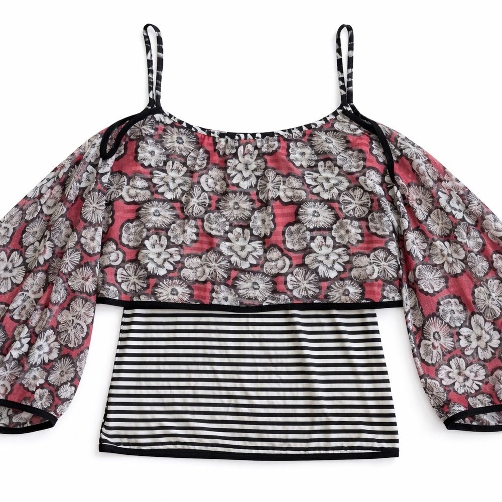 SAVE THE QUEEN Designer Black & White Striped Floral Mesh Open Shoulder Top S - Picture 3 of 13